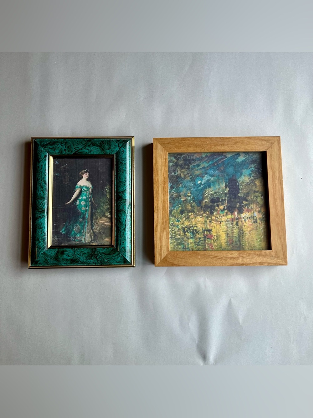 Vintage Mixed Materials Picture Photo Frames w/ Fine Art Prints-Set of 2